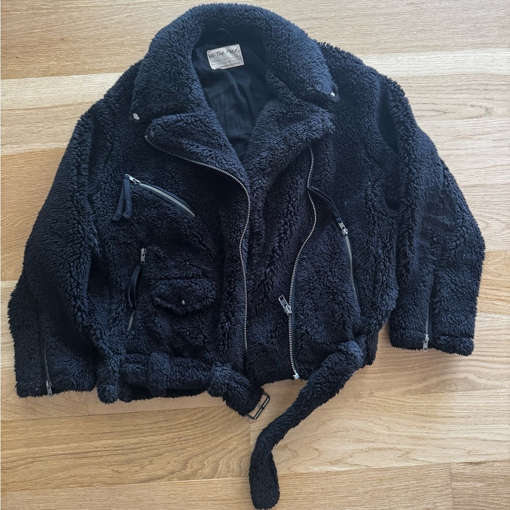 Free People So Cozy slouchy moto black fleece teddy jacket size Small - Picture 6 of 13